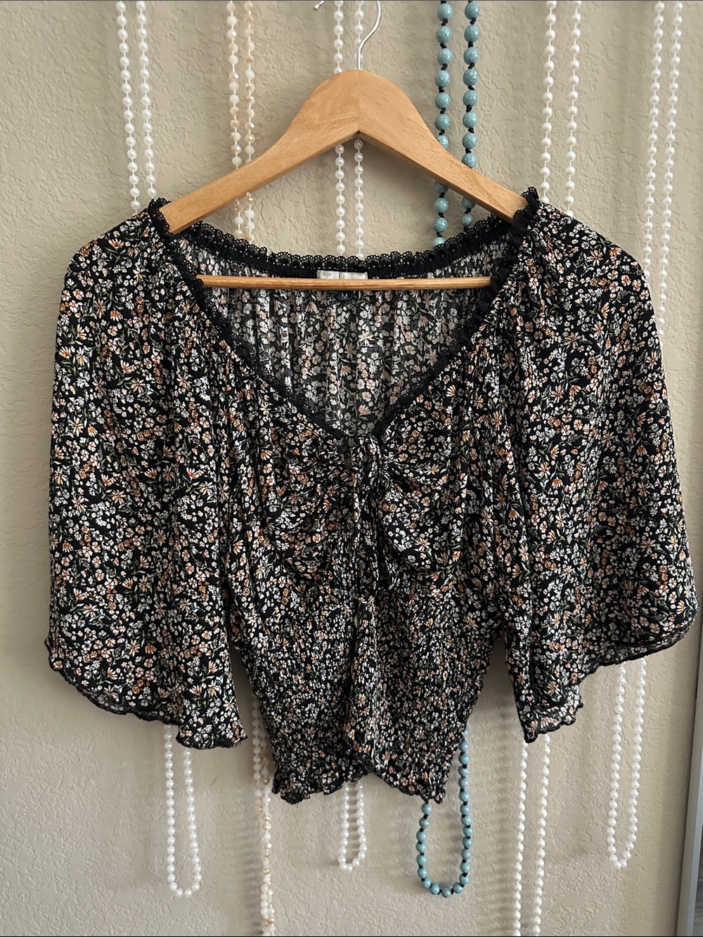 Black Floral Tie-Front Blouse with Flutter Sleeves